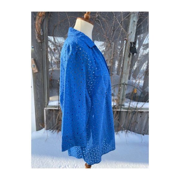 Vintage 90s Alia Blazer Shacket Blue Eyelet Lace Sheer 3/4 Sleeve Sz 16 - Picture 6 of 9